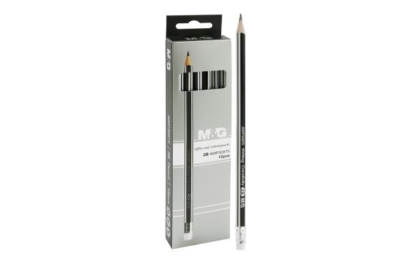 M&G Wooden Pencil+Eraser Hex Shape 2B Black-Silver 12 Pcs